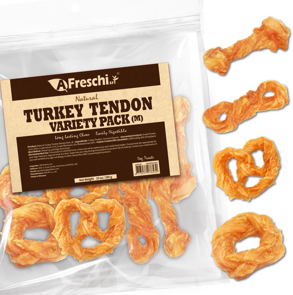 Afreschi Turkey Tendon Variety Pack (M) 10 oz, USA-Sourced Turkey Tendon, All Natural Puppy Chew, Hypoallergenic, Rawhide Alternative