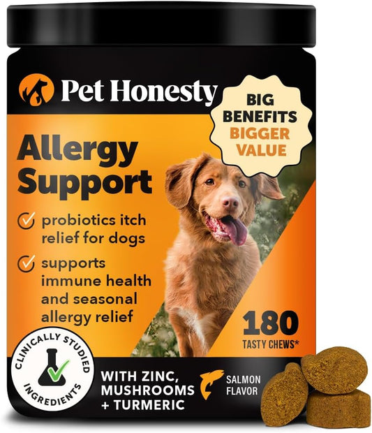Pet Honesty Dog Allergy Support Chews Max Strength, Omega 3 Salmon Fish Oil, Probiotic Supplement for Anti-Itch and Seasonal Allergies