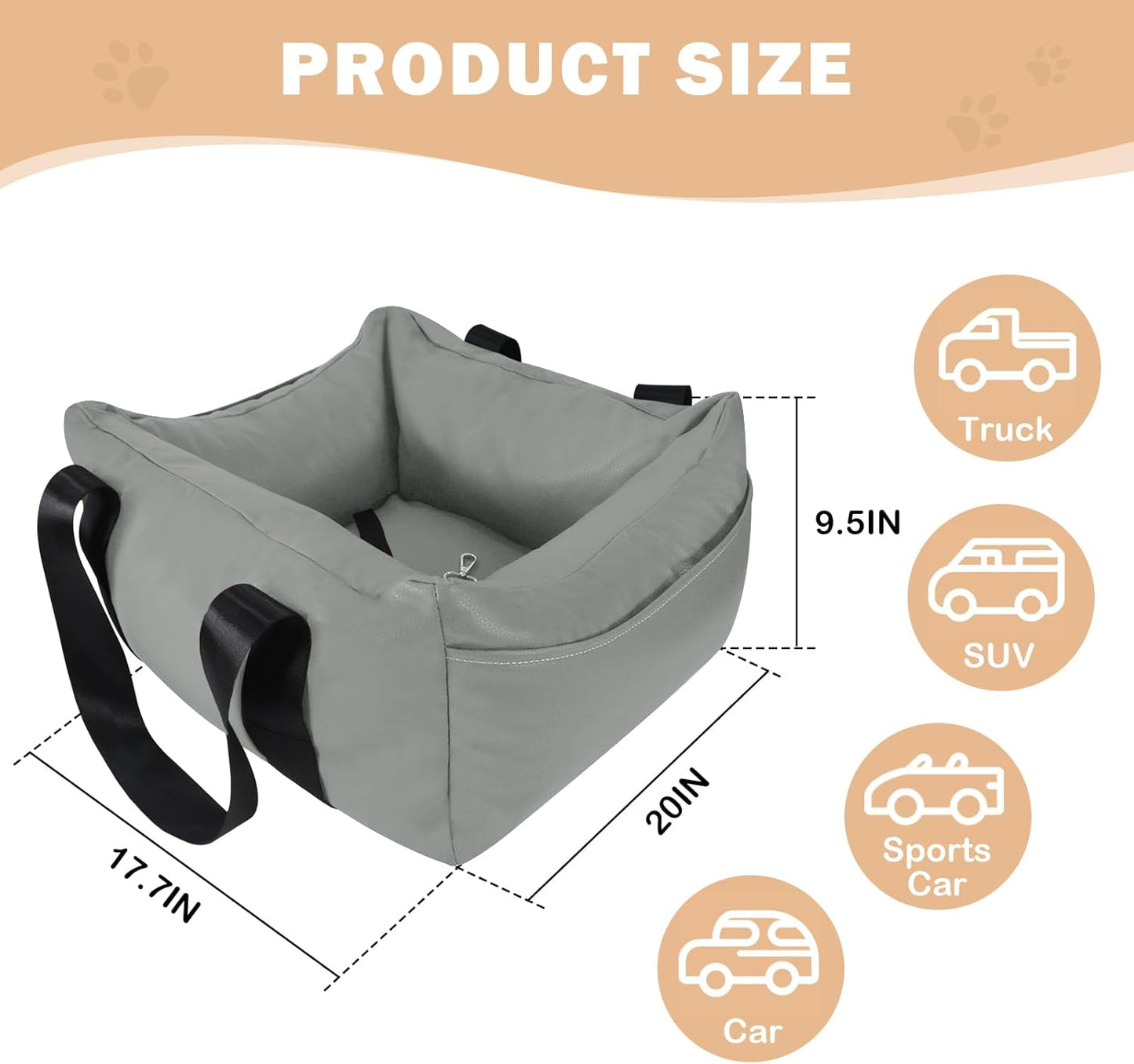 Dog Car Seat for Small Dogs, Large Leather Dog Car Bed with Storage Pocket, Waterproof PVC Leather Booster Seat Travel Bed for Front & Back Seat, Clip-On Safety Leash (Grey)