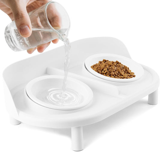 Elevated Cat Bowls, Tilted Rised Cat Food and Water Bowl with 2 Pcs Ceramic Pet Bowls, Rised Stand, Pet Dish Anti Vomiting Feeding Station for All Sized Cats & Small Dogs (White)