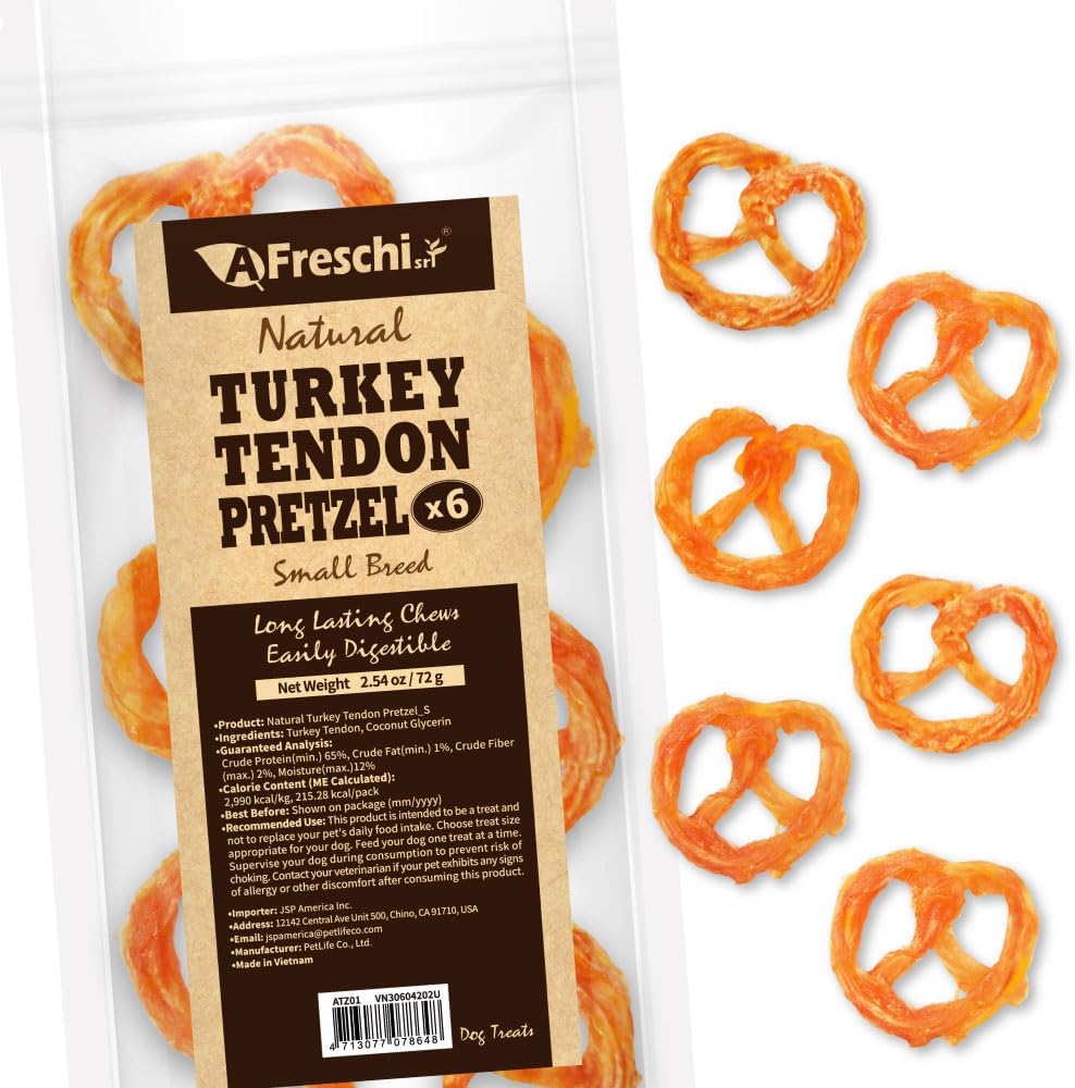 AFreschi Turkey Tendons for Dogs, USA-Sourced, Healthy Dog Treats, Rawhide-Free Puppy Chews, Long Lasting, All Natural, Hypoallergenic Dog Treats for Small Breeds, 6 Count Pack Pretzel (S)