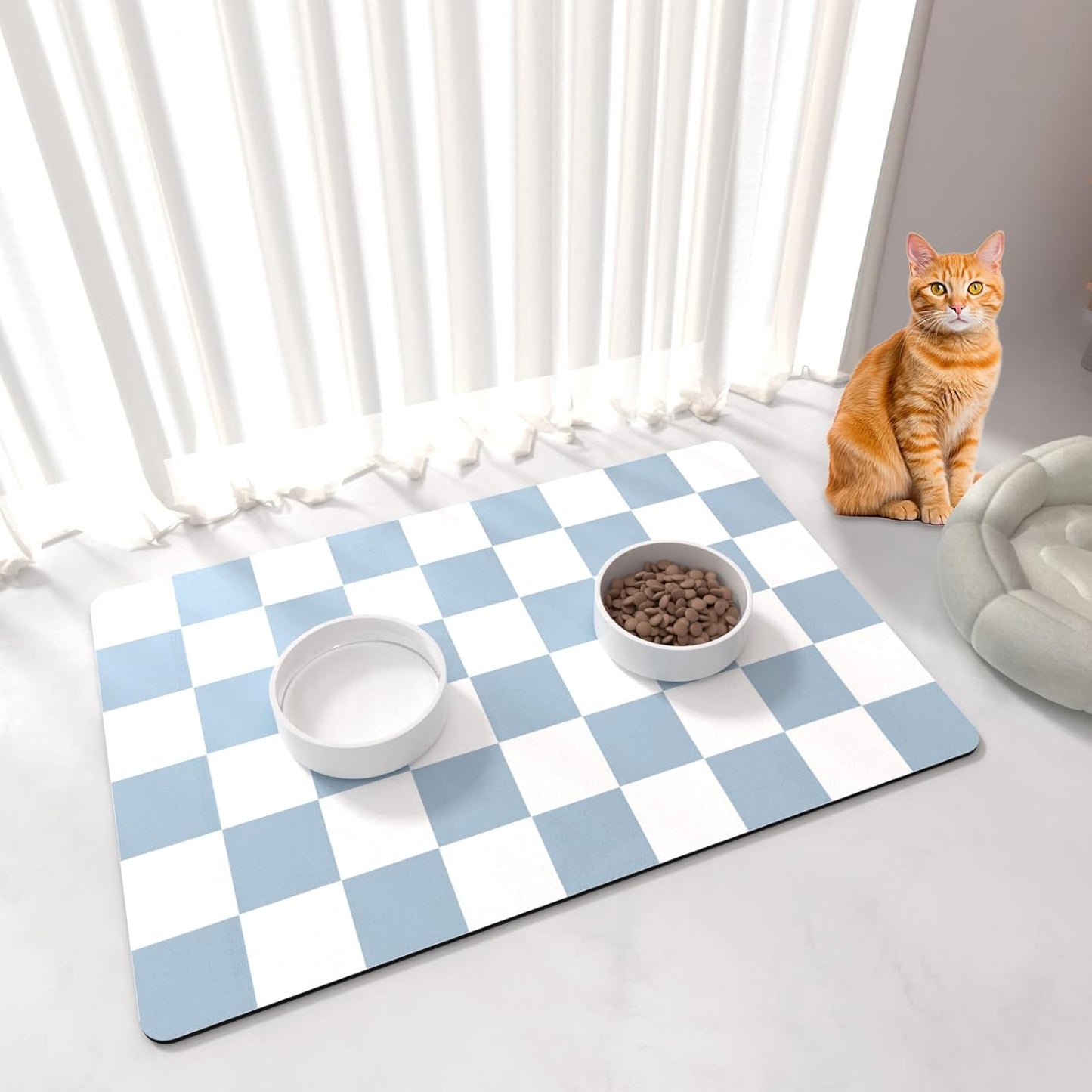 Cat Food Mat - 12"x 20" Cat Dog Mats for Food and Water Bowl, Checkered Pet Placemat Feeding Mat, Non-Slip Under Pet Bowls Mats for Messy Drinkers, Blue & White