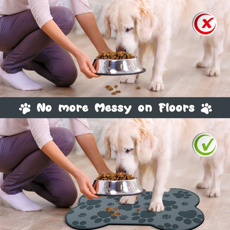 Dog Food Mats for Floors Waterproof, Pet Feeding Absorbent Water Bowl Mat Cat Placemats Gray Bone Shape 19 * 12 inch