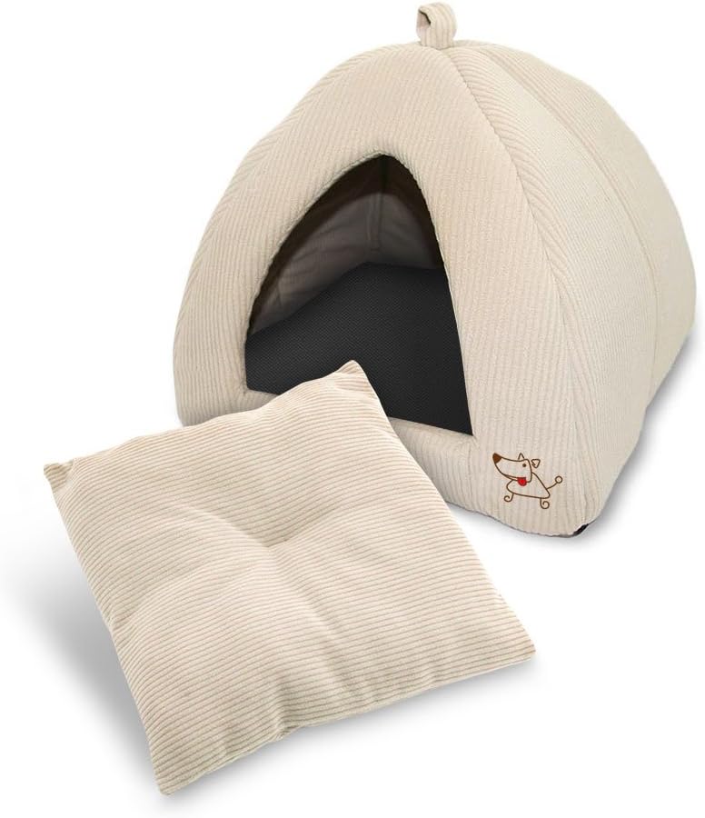 Best Pet Supplies Pet Tent-Soft Bed for Dog and Cat Beige Corduroy, 16" x 16" x H:14"