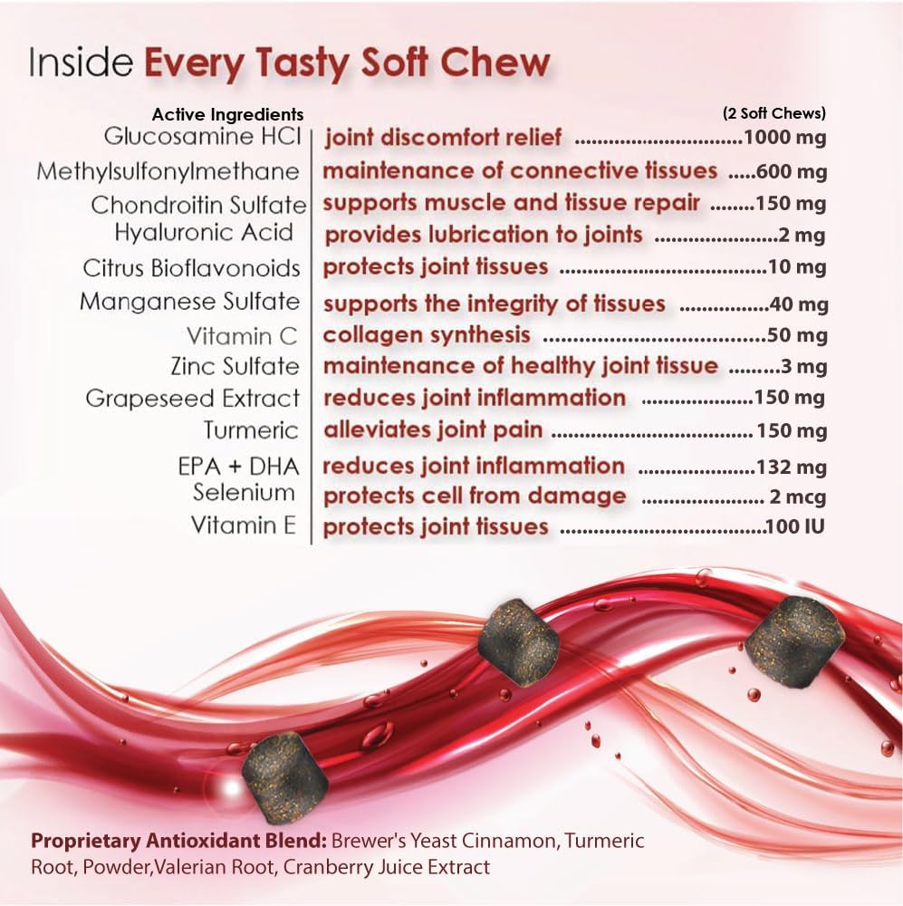 TS Joint Supplement Vet Formulated Pain & Inflammation Relief Treats Hip Dysplasia & Arthritis.Glucosamine, Chondroitin, Turmeric, MSM, HA, Creatine, Omega 3 EPA+DHA. All Dogs 240 Soft Chews