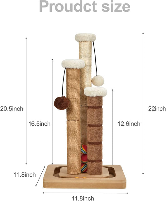 Cat Scratching Post Premium Natural Sisal Jute Carpet 3 Scratch Posts with Interactive Track Ball Base and Hanging Balls Toys Kitten Scratcher for Indoor Kittens and Small Cats
