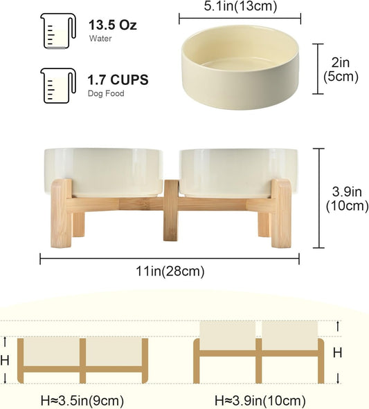 SPUNKYJUNKY Elevated Dog Bowls Ceramic, 5.1'' Dogs and Cat Food Water Bowls Raised with Non-Slip Bamboo Stand for Puppy Small Sized Breed Microwave Dishwasher Safe - 13.5 OZ,Beige