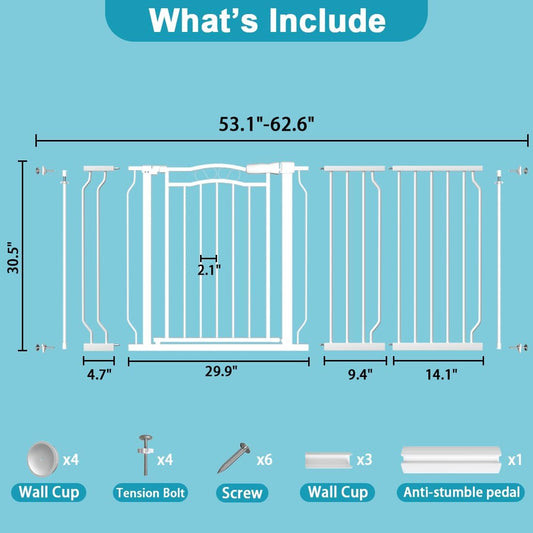 Extra Wide Baby Gate for Doorways 53.1"-62.6", Pressure Mounted Dog Gates With Door, Child Safety Barrier Walk Thru Indoor, Large Babygate Long for Kids Toddler Pet Outside, 30 In Tall White