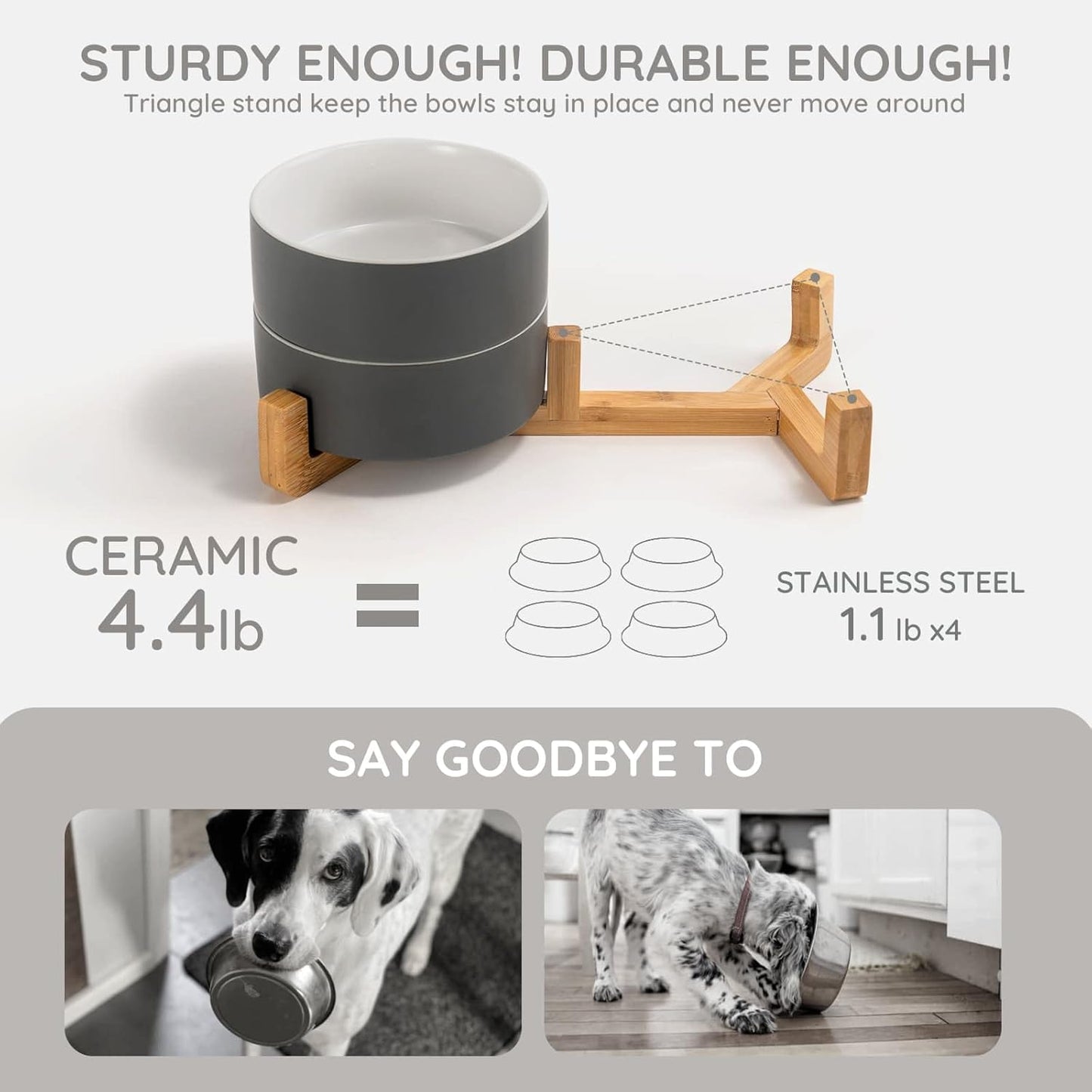 SPUNKYJUNKY Ceramic Dog and Cat Bowl Set with Wooden Stand, Modern Cute Weighted Food Water Set for Small Size Dogs (13.5OZ) & Medium Sized Dogs (28.7OZ) & Cats (3.6 Cups, 2 × White-Grey)