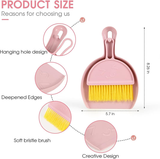Small Broom and Dustpan Set,mini Compact Portable, for Home, Sofas, Kitchen countertops, Storage Shelves, Office desks, bathrooms, and pet Areas (Pink)