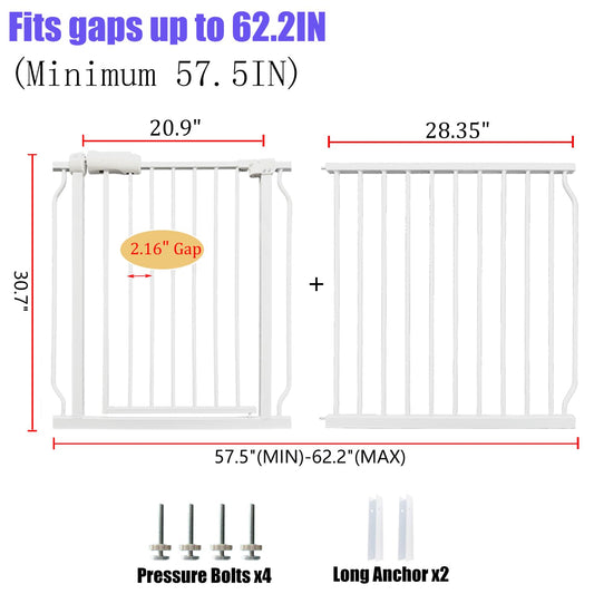 Extra Wide Baby Gates 57.5-62 Inch, Large Metal Safety Gate for Stairs, Doorways - No Drilling, Pressure Mounted Pet Gates for Kids & Dogs
