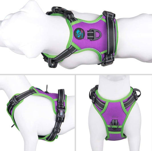 PHOEPET 2019 Reflective Dog Harness Large Breed Adjustable No Pull Vest with with Handle 2 Metal Rings 3 Buckles [Easy to Put on & Take Off](XL, Purple)