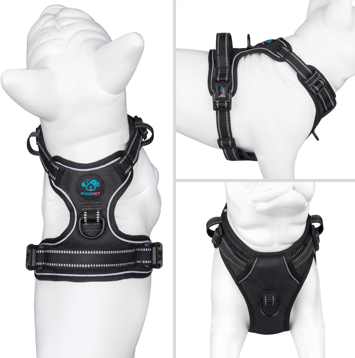 PHOEPET No Pull Dog Harness Medium Reflective Front Clip Puppy Vest with Handle,Adjustable 2 Metal Leash Attachment Hooks(M, Black)
