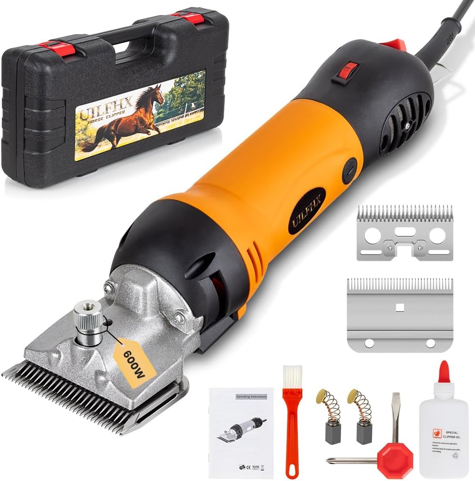 Horse Clippers Professional Electric horse Grooming Kit, Shaving Equine Clippers for Horses Goat Cattle Thick Coat Animals, 6 Speeds Large Heavy Duty Farm Livestock Haircut Trimmer （600W, 2 Blades）