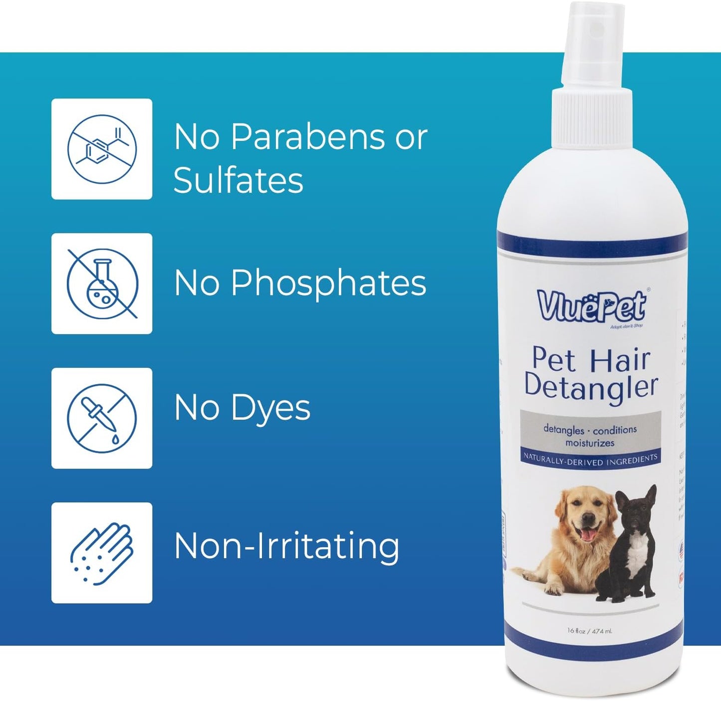 VLUEPET | Pet Hair Detangler Spray - Dematting and Conditioner Spray for Dog & Cat - Natural Ingredients, Paraben & Sulfate Free - Tangled & Dyes Remover - Aloe & Oatmeal Scent - Daily Use - 16 fl oz