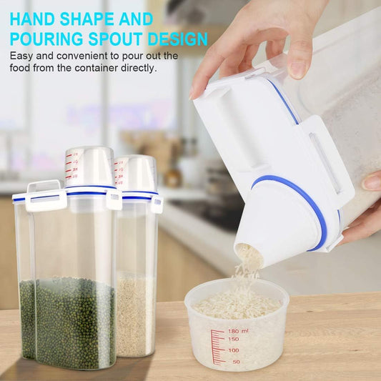 Rice Airtight Dry Food Storage Containers, BPA Free Plastic Sealed Holder Bin Dispenser with Pouring Spout, Measuring Cup for Cereal, Flour and Oatmeal, Include a Stainless Steel Whisk