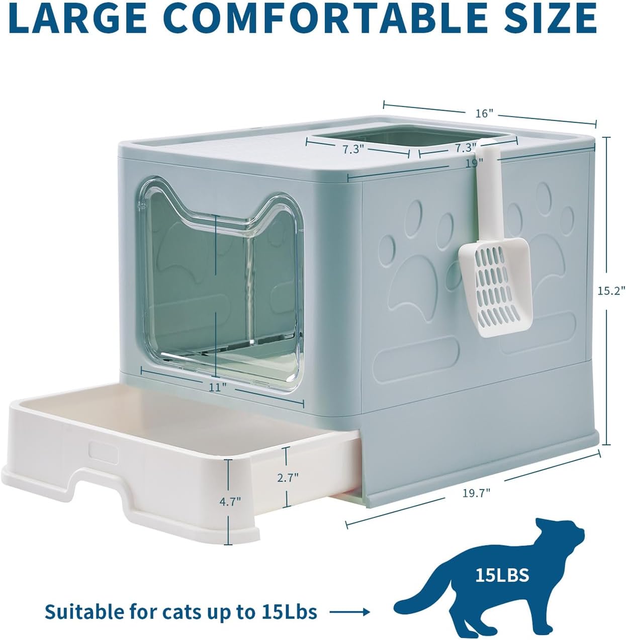 Cat Litter Box with Litter Mat and Scoop, Large Foldable Litter Box with Lid, Front Entry Top Exit Kitty Box, Odor Control, Easy to Clean (Blue)