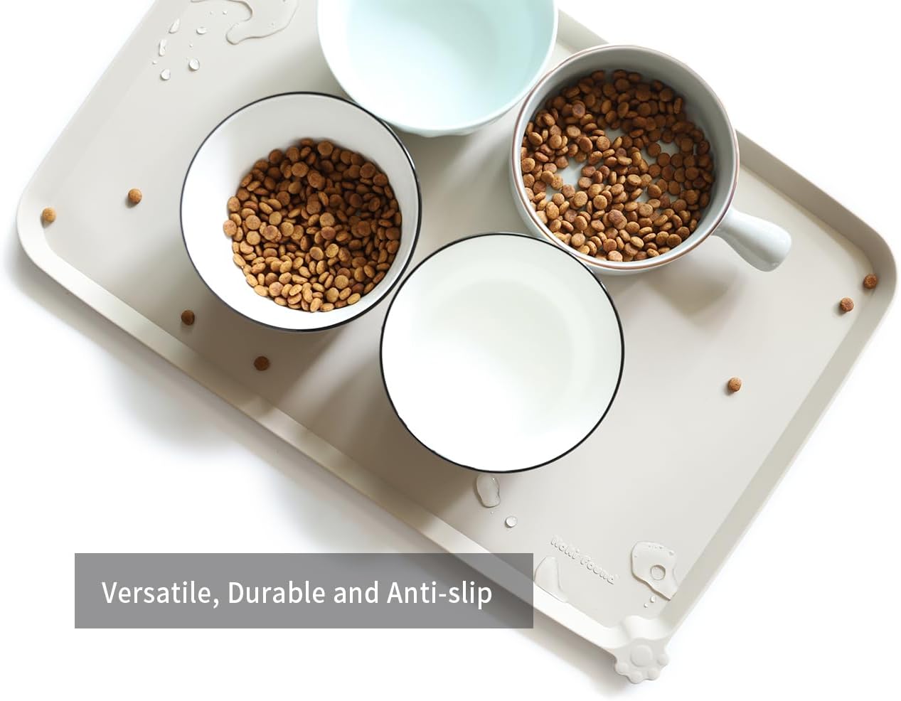 Hoki Found L Silicone Pet Food Mats - Non Slip Cat & Dog Bowl Mats - Waterproof & Carpet Safe - Cream Brown