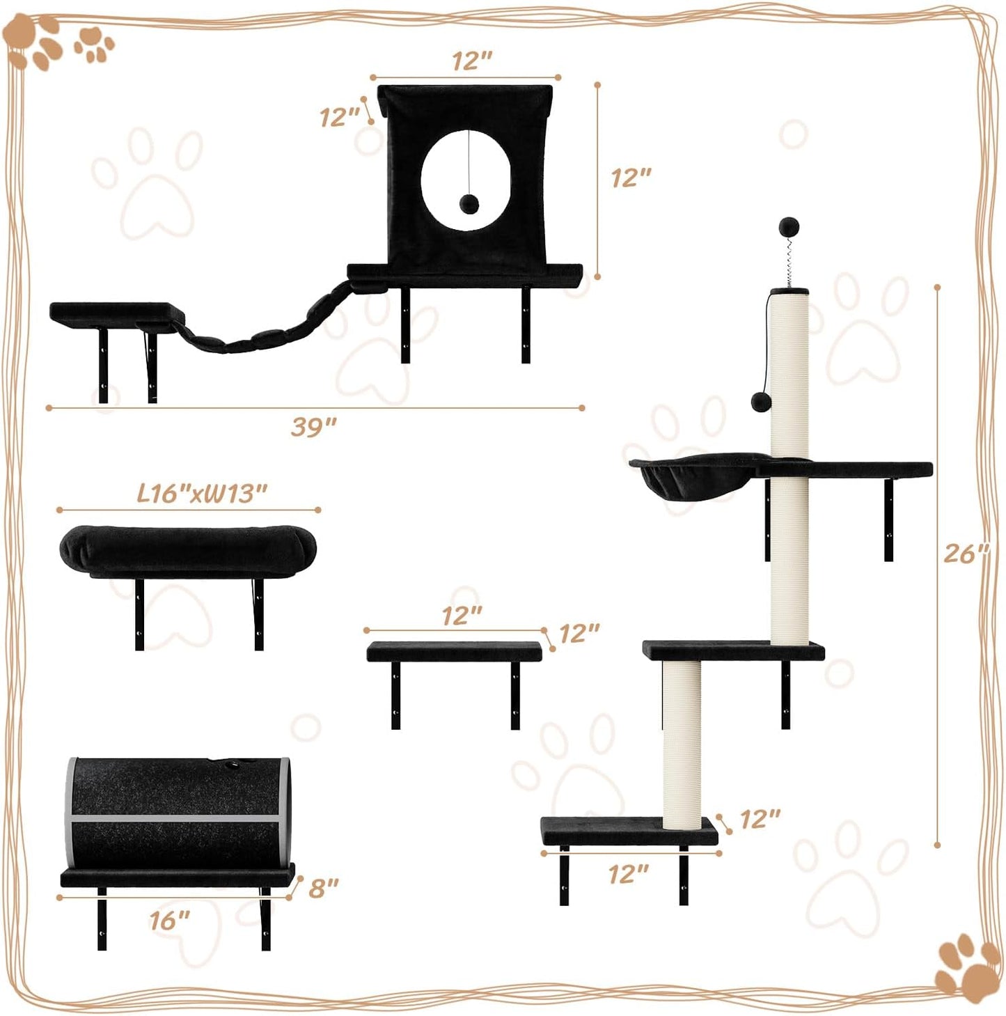 NUNU LAB Wall Mounted Cat Furniture, 7 Pcs Cat Wall Shelves with House, Tunnel, Bridge, Steps, Scratcher, Hammock, Bed, Indoor Safe & Stable Furniture for Kittens Play, Black