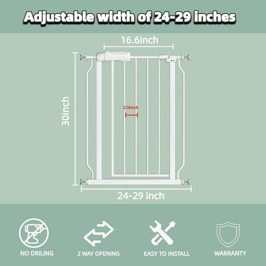 TSAYAWA Narrow Baby gate Baby Safety Gate 24.02-29Inch Auto Close Child Gates, Pressure Mounted Gate for Stairs & Doorways, Indoor/Outdoor Heavy-Duty Pet Gate for Toddlers, Dogs, White