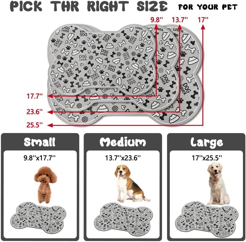 Dog Food Mats for Floors Waterproof, Pet Feeding Absorbent Water Bowl Mat Cat Placemats Gray Bone Shape 25.5 * 17 inch