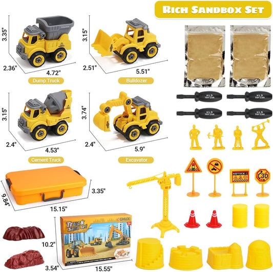 OENUX Play Sand Construction Set, Beach Building Castle Kit w/ 2.2lbs Play Sand, 4 Take Apart Construction Trucks Toys and Signs, Sensory Sandbox with Cover for Boy Girl Kid Toddlers Age 3-8