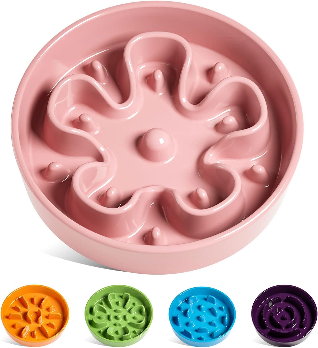 LE TAUCI Slow Feeder Dog Bowls Ceramic, 1.5 Cups Dog Food Bowl, Puppy Slow Feeder Dish for Fast Eaters,Pink Bloom