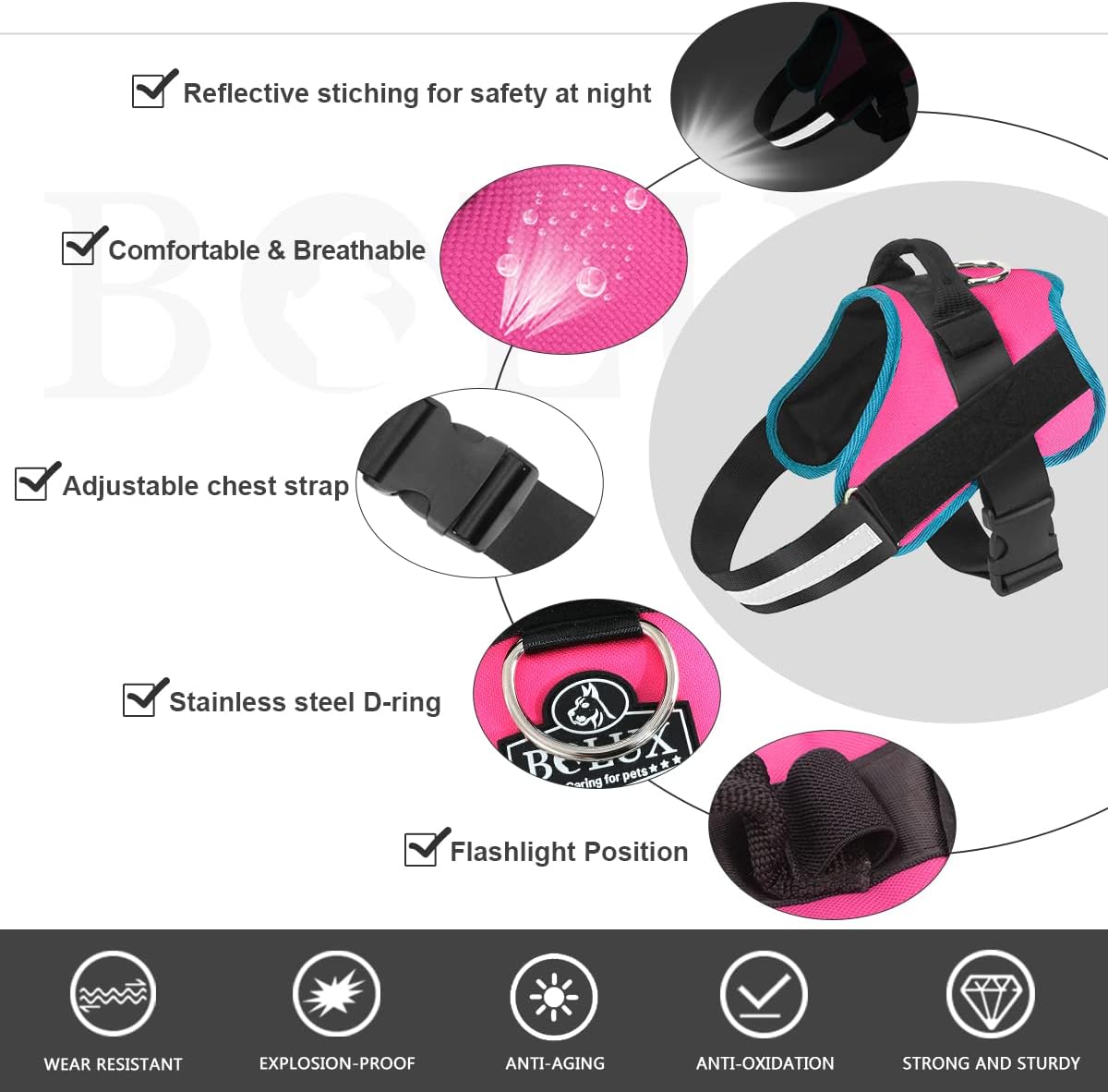 Bolux Dog Harness, No-Pull Reflective Dog Vest, Breathable Adjustable Pet Harness with Handle for Outdoor Walking - No More Pulling, Tugging or Choking Small (Pack of 1) RoseTurquoise