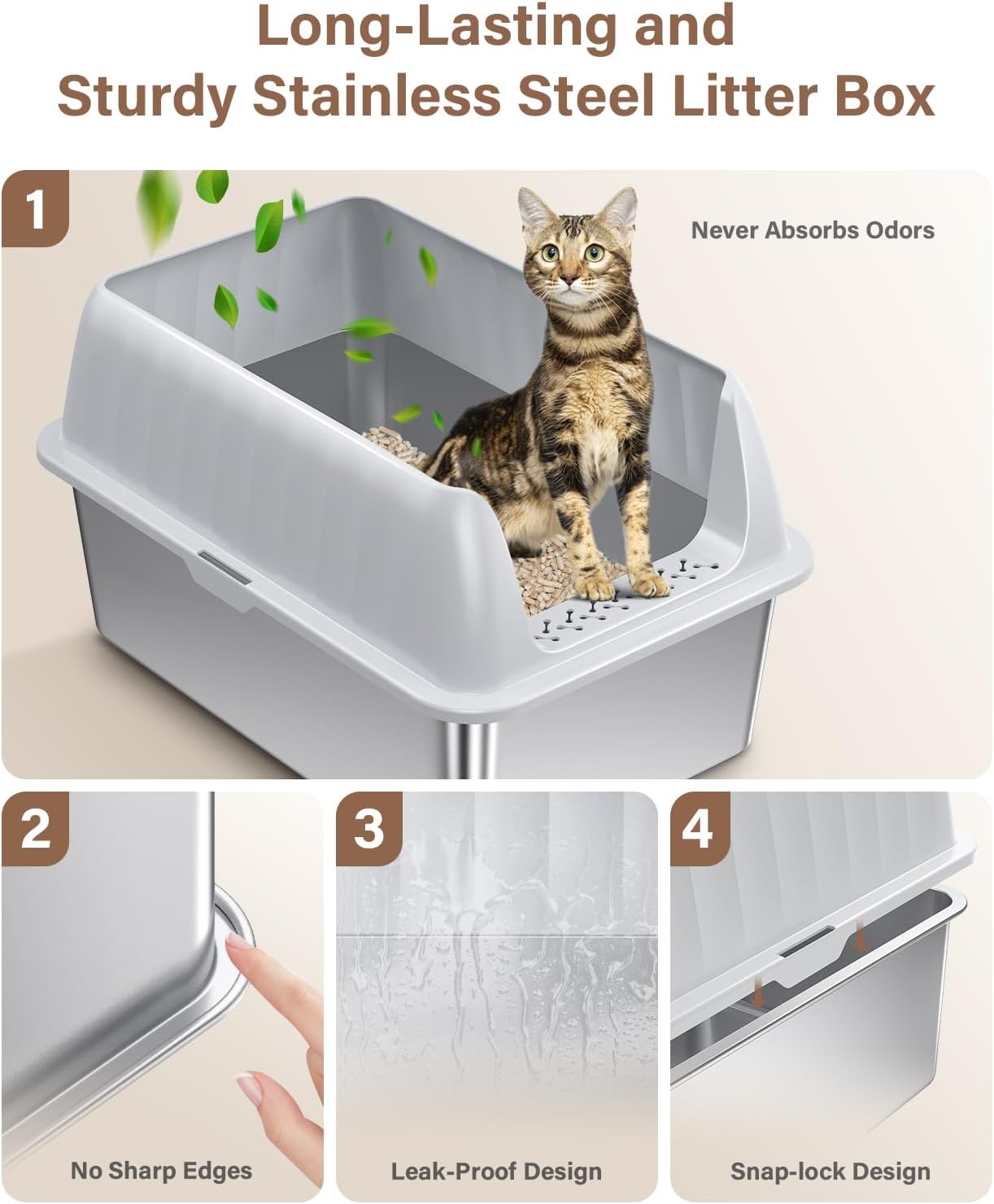 Cat Litter Box Stainless Steel XL with Lid, Enclosed Metal Extra Large Litter Box Pan High Sided with Scoop for Big Cats, Non-Sticky, Anti-Urine Leakage, Easy Cleaning