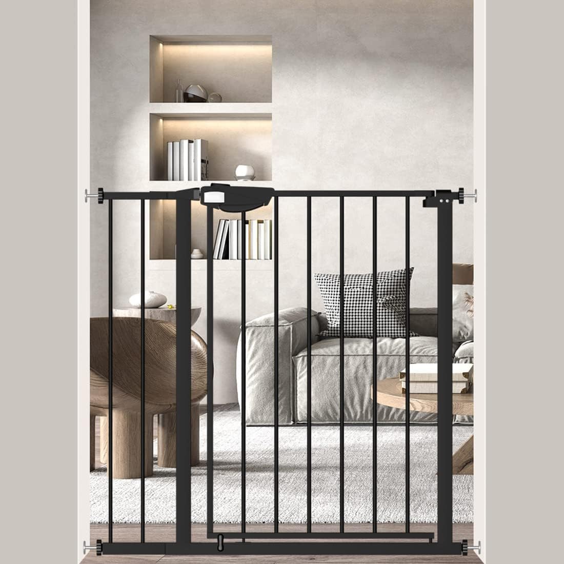 WAOWAO Triple Lock Baby Gate Extra Wide 35.04-38.97" Pressure Mounted Walk Through Swing Auto Close Safety Black Metal Dog Pet Puppy for Stairs