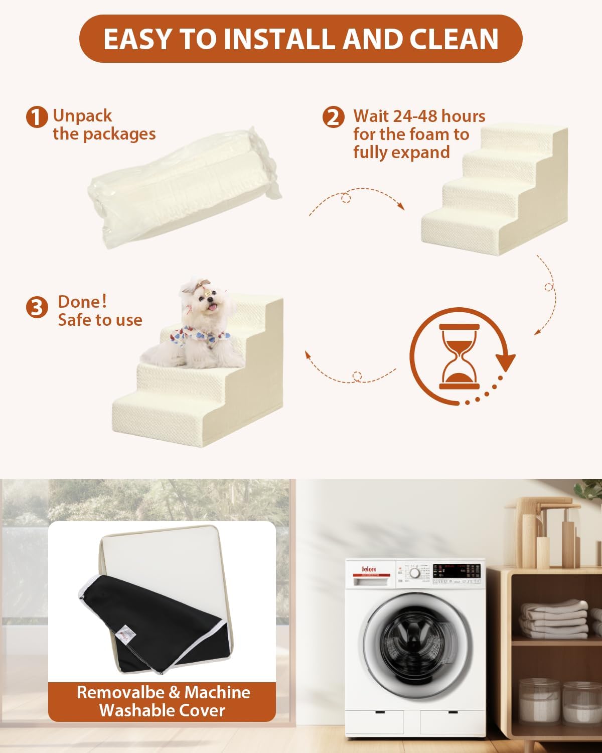 Dog Stairs for Small Dogs,22" H,5-Step Dog Steps for High Bed Couch and Sofa,Pet Stairs for Dogs and Cats Climbing with Non-Slip Bottom and Washable Cover,Beige