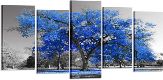 KREATIVE ARTS Canvas Print Wall Art Painting Contemporary Blue Tree In Black And White Style Fall Landscape Picture Modern Giclee Stretched And Framed Artwork (XLarge Size 80x40inch)