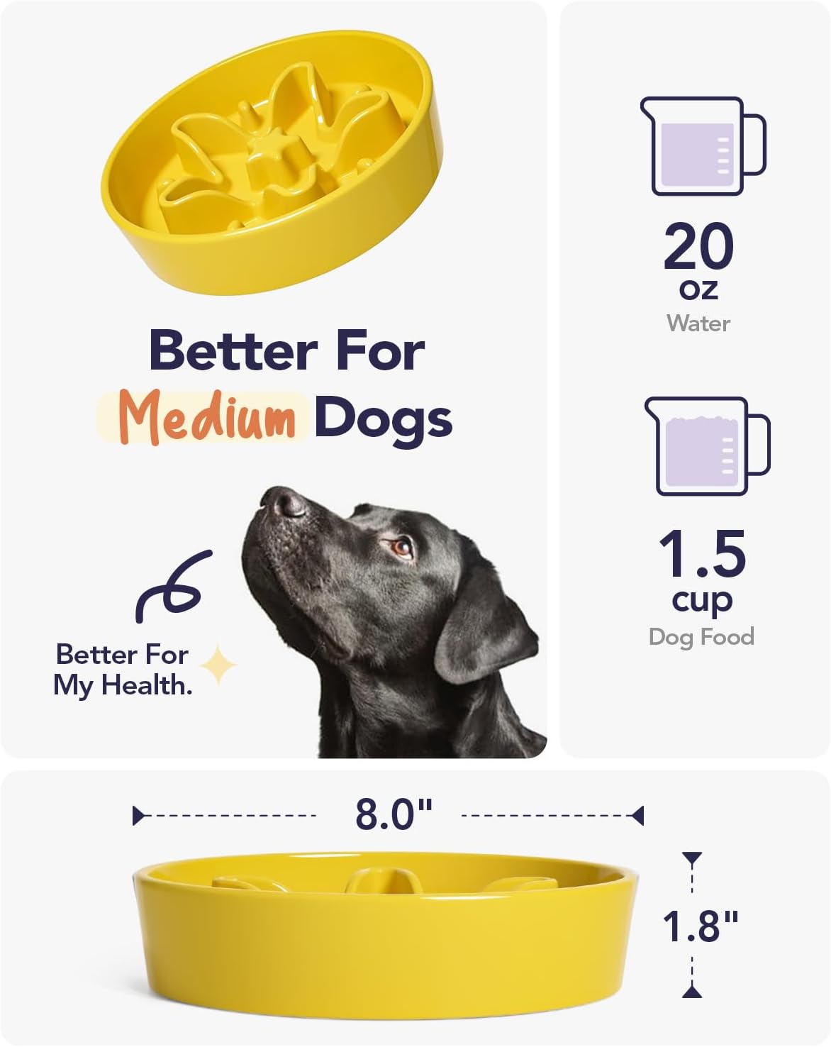 LE TAUCI Slow Feeder Dog Bowls Ceramic, 1.5 Cups Dog Food Bowl, Puppy Slow Feeder Dish for Fast Eaters, Star Yellow