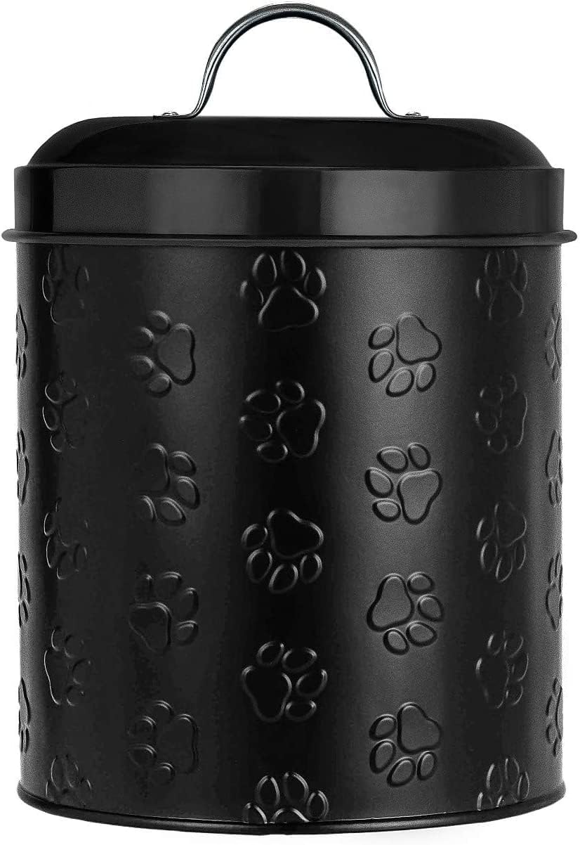 Amici Puppy Paws Embossed Pet Food Canister, Pet Storage Containers, Airtight Lid, Dog Treat Jar, Rustic Metal Treat Canister for Kitchen Counter (Black, 104 Oz)