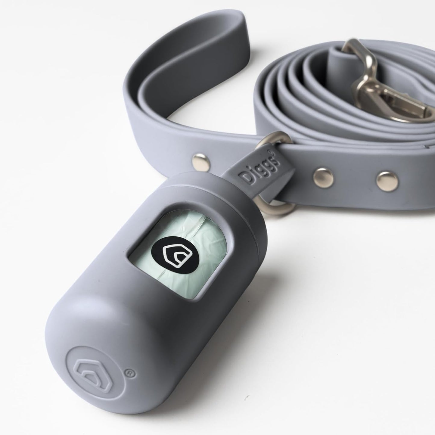 DIGGS Dog Poop Bag Dispenser for Leash - Premium Dog Waste Bag Holder with Easy One-Hand Dispensing (Grey)