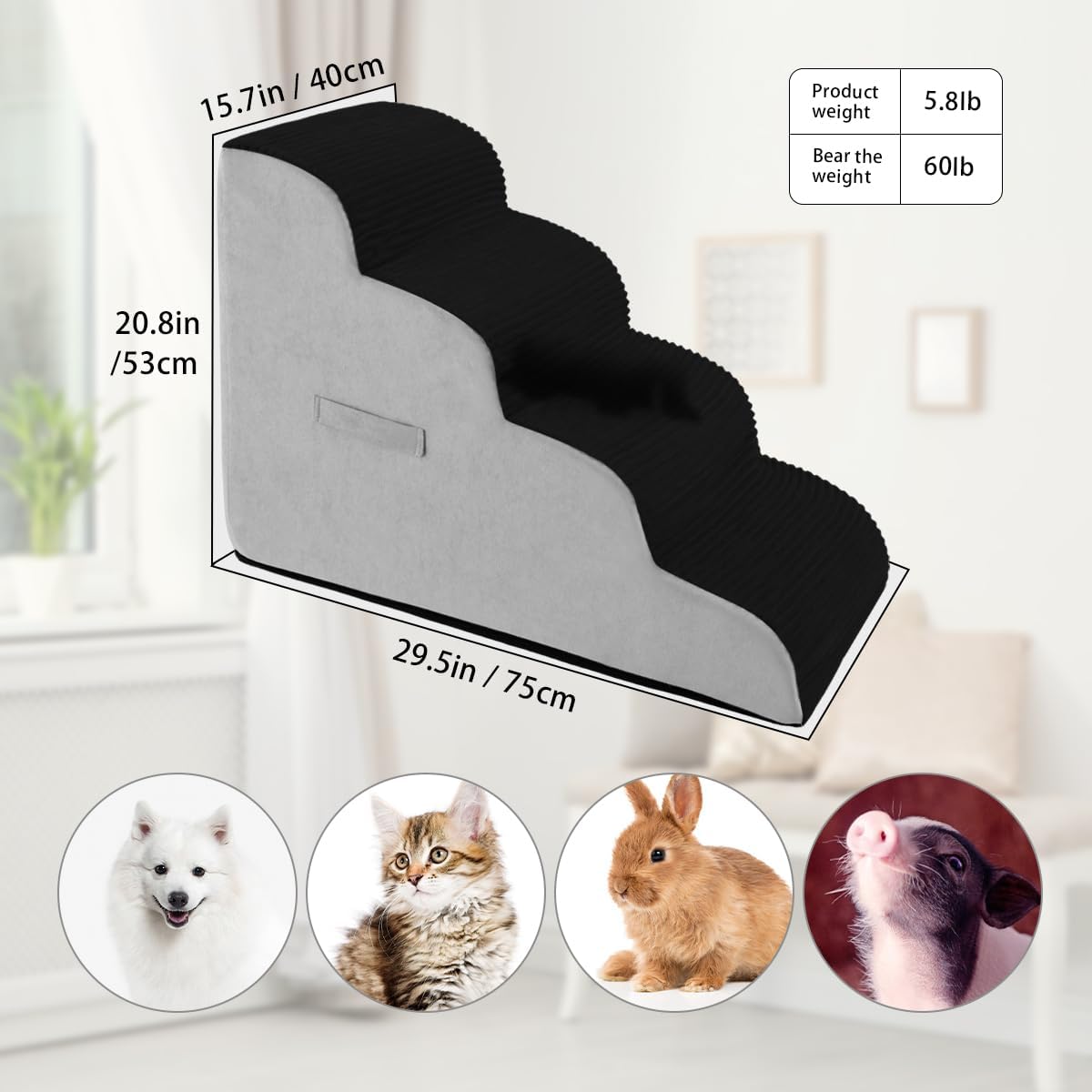 High Density Foam Dog Stairs Steps, Non-Slip Extra Wide Deep Pet Steps for Beds Or Couches, for Injured or Older Pets Dogs and Cats with Joint Pain (4-Tiers (Black))