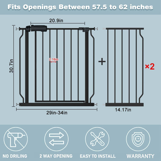 Extra Wide Baby Gate 57.5-62 Inch Black Walk THR Dog Gates Doorways House No Drill Pressure Mounted Auto Close Long Child Safety Gate for Kids and Pet
