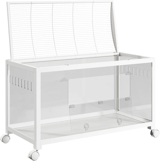 Large Metal Hamster Enclosure Rat Cage with 360 Viewing Acrylic Sides, Ventilated Front Door & Openable Top, Portable Hamster Tank for Guinea Pig, Chinchilla, Gerbil, 37.8''Lx18.5''Wx20''H White