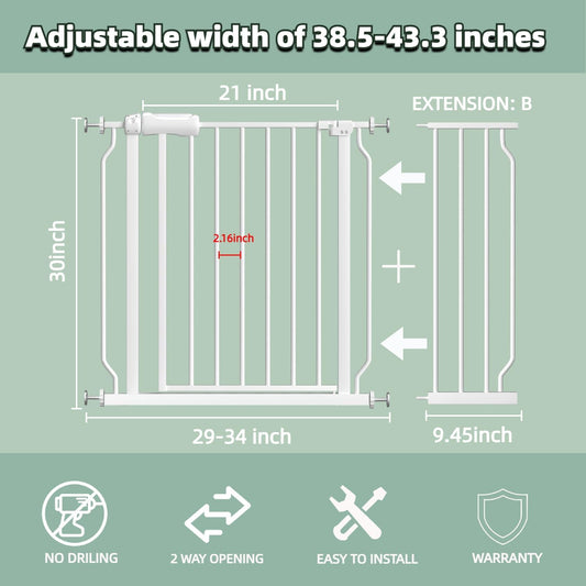 TSAYAWA Extra Wide Baby Gate with Door,38.5-43.3 Inch Walk Through Large Long Child Gates for Stair Doorway - Indoor TSAYAWA Outdoor Safty Gate for Toddler Pet Dog Doggie White