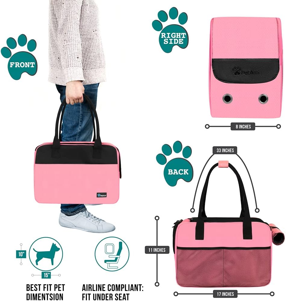 PetAmi Dog Purse Carrier for Small Dogs, Airline Approved Soft Sided Pet Carrier with Pockets, Ventilated Dog Carrying Bag for Puppy Cat, Dog Travel Supplies Bag, Sherpa Bed, Max 12 lbs, Pink