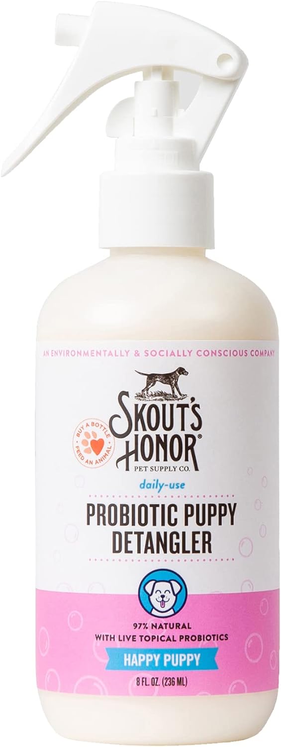 Skout's Honor Probiotic Pet Detangler Spray - Hydrating & Conditioning with Avocado Oil, 97% Natural, Paraben & Sulfate-Free, softens for a More brushable Coat, Daily Use, 8oz, Happy Puppy