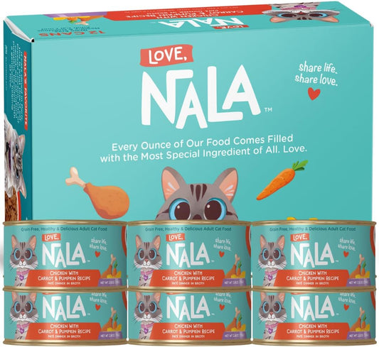 LOVE, NALA - Natural Adult Cat Wet Food - Pate Chicken with Carrot & Pumpkin Recipe- Grain Free, Non-GMO, Lean Protein, Digestive Fiber Blend, Added Minerals & Vitamins - 12 Pack 2.4 lbs.