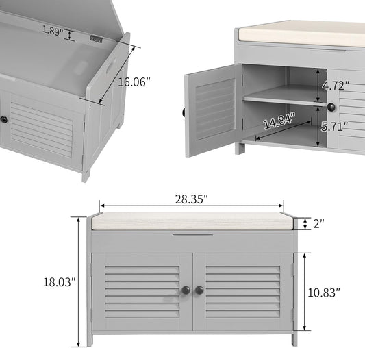 Shoe Storage Bench with Lift Top Storage, Entryway Bench with Cushioned Seat, Adjustable Shelf, 2 Tier Shoe Rack with Doors for Entryway, Bedroom, Hallway, Mudroom, Grey