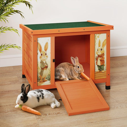 COZIWOW 24in Wooden Cat House Outdoor & Indoor Pet Shelter with Foldable Ramp - Weatherproof Rabbit Hutch with Unique Machine-Printed Art Designs for Cat, Rabbit, Guinea Pig (Orange)
