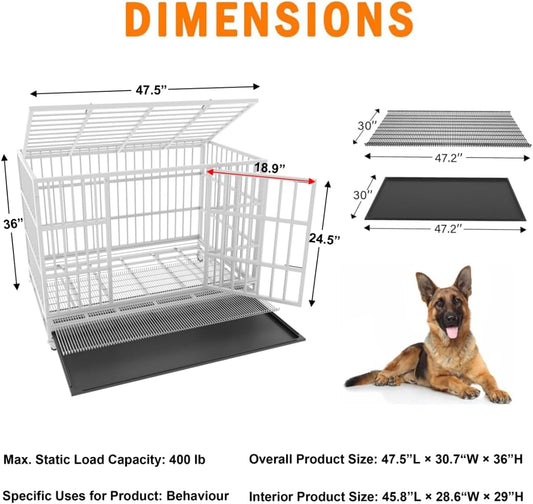 54/48/42/38 Inch Heavy Duty Dog Crate Cage with Wheels, Indestructible and Escape Proof Steel Kennel Indoor for High Anxiety Dogs with Sturdy Locks, Double Door and Tray, Extra Large XL XXL