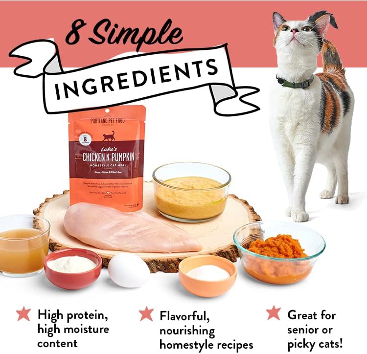 Portland Pet Food Company Human-Grade Mixed Variety Pack Wet Cat Food Pouch Luke's Chicken N' Pumpkin - Moist, Soft Cat Food Mixer, Topper, and Rotational Meal - 12 Pack