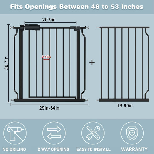 48-53 Inch Extra Wide Baby Gate for Stairs, Safety Dog Gate for Doorways, Pressure Mounted Walk Through Child Gate for Kids Pets No Drill Indoor and Outdoor, Black