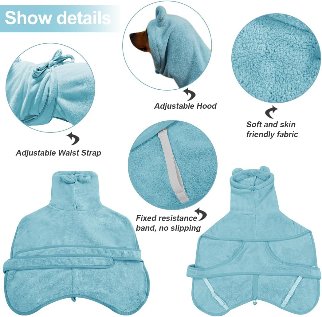 Medium to Large Size Dog Bathrobe, Quick Drying Super Absorbent Used for After Bathing, Warm Dog Towels, Adjustable Hoodies and Belts for Pet Dogs Bath Clothes Products (Blue, 2XL)