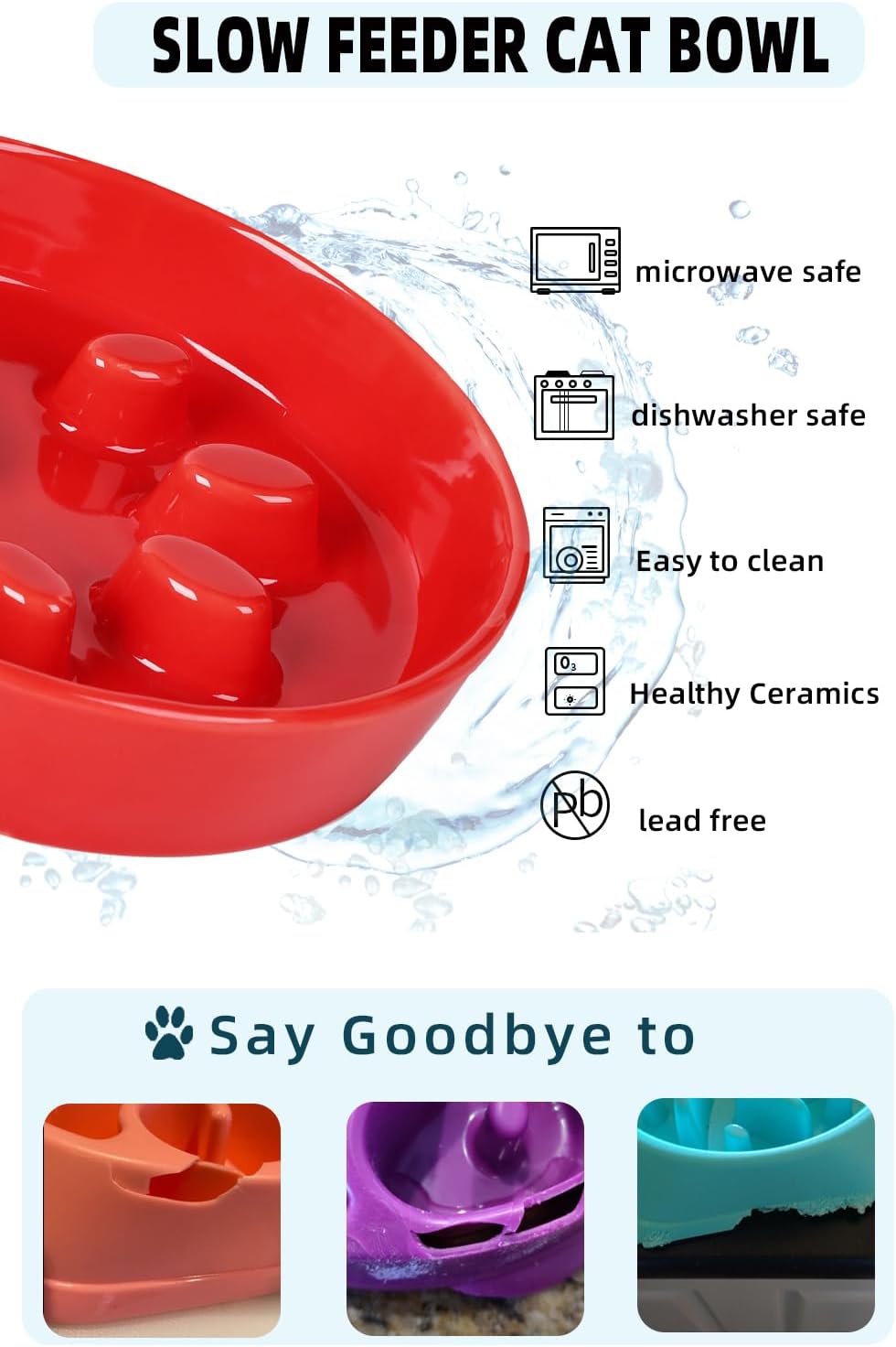 Slow Feeder Cat Bowls, Ceramic Fun Slow Eater Bowl for Cats (Red)