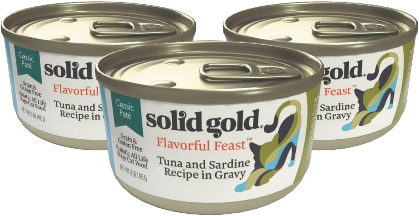 Solid Gold Wet Cat Food Pate - Healthy Canned Cat Food Pate w/Real Tuna & Sardine, Omega Fatty Acids, Vitamins & Minerals - Grain Free & Gluten Free Can Meals for Cats & Kittens - 24ct/3oz Can